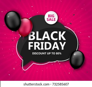 Black Friday Verkauf, Shopping Poster. Saisonaler Discount-Banner mit rosafarbenen und schwarzen Ballons, Redeblase-Rahmen auf rosafarbenem Hintergrund. Weihnachtsdesign-Vorlage für Werbeabschau am Donnerstag