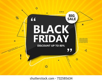 Black Friday sale, shopping poster. Seasonal discount banner - black speech bubble on radial yellow background. Design template for advertising shopping, flyer, closeout on thanksgiving day