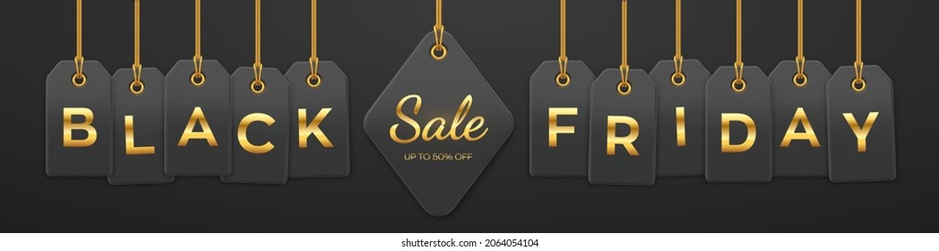 Black friday sale, shopping promotion. Price tag coupons hanging on gold ropes with golden letters for Black Friday discount for decoration on black background. Realistic Vector illustration.