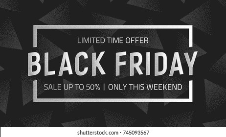 Black Friday Sale Shopping Vector Background Design Template. Silver Metal 3D Text Lettering and Frame on Dark Gray Abstract Backdrop. End of Autumn Season Holidays Illustration