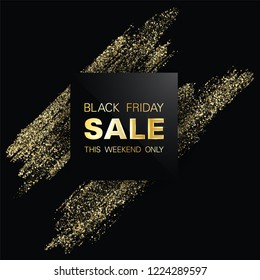 Black Friday Sale sign, up to 50 percent off discount this weekend only offer. Black vector frame with golden glitter brushstroke. Gold Friday Sale banner with glossy glitter sparkles. Shopping time