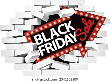 A Black Friday sale sign breaking a brick wall concept