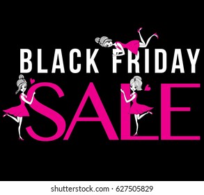 Black Friday sale sign with cute cartoon girls. illustration vector.