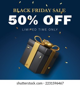 Black Friday sale sign with gift box and confetti. Vector Illustration