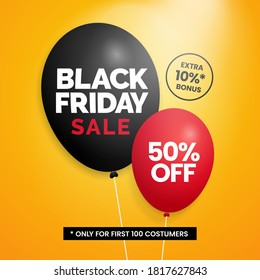 Black friday sale simple social media poster promotion with balloon illustration on yellow backdrop background