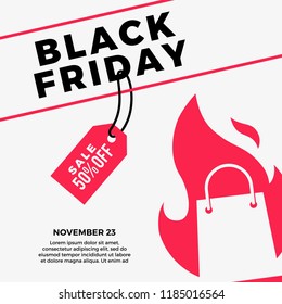 black friday sale social media post flat vector illustration of shopping bag fire