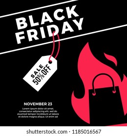 black friday sale social media post flat vector illustration of shopping bag fire