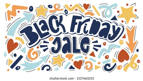 Black Friday sale social media cover. Bright doodle art illustration. Hand drawn lettering quote. Blue and orange pale colors. 