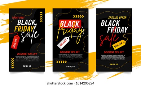 Black Friday Sale social media stories set banner, modern black and yellow background template for promotion