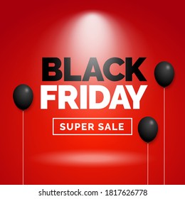 Black friday sale social media typography poster with floating black balloon on yellow red backdrop studio screen background with spotlight effect