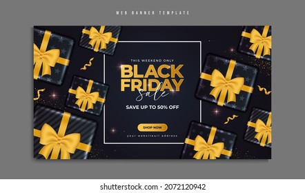 Black friday sale social media banner or poster template design with realistic gift box and ribbon. Online fashion business marketing flyer or web cover with abstract background, logo and icon.