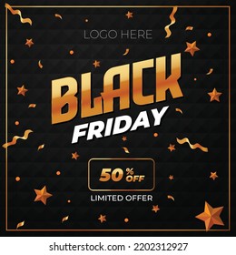 Black Friday Sale for social media, poster or flyer design vector template with confetti and stars. web banner label special offer