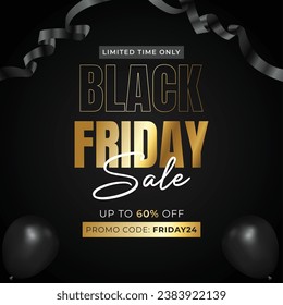 Black Friday Sale Social Media Post Vector Illustration. Sale Discount Poster with Ribbon and Balloons