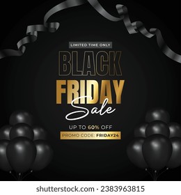 Black Friday Sale Social Media Post Vector Illustration. Luxury premium Sale Discount Poster with Ribbon and Balloons