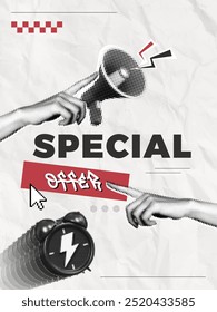Black Friday for Sale in Social Media Story. Trendy Halftone Collage Hands with Megaphone and Alarm Clock. Special Offer text. Marketing and promotion concept. Contemporary art vector illustration