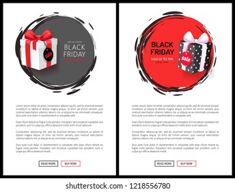 Black Friday sale, special offer up to 70 percent off vector web pages templates. Gift boxes, wrapped in decorative paper topped by bow, presents with price tags