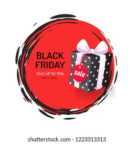 Black Friday sale, special offer up to 70 percent off label. Gift box, wrapped in dotted paper and decorated by bow vector icon isolated, present with price