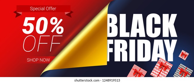 Black Friday Sale. Special offer 50 percent off. Curved corner of open wrap paper. Decoration elements for retail, shopping actions on Christmas and Black Friday. Gift boxes, red ribbon and bow