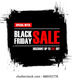 Black Friday Sale. Special offer banner with brush stroke background. Discount up to 75% off. Banner for business, promotion and advertising. Vector illustration.