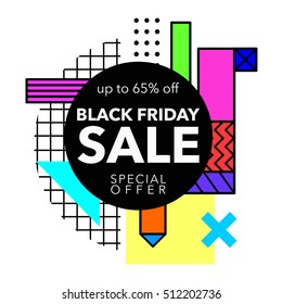 Black Friday Sale and Special offer banner in Trendy Memphis Style with Geometric Shapes. Vector illustration.