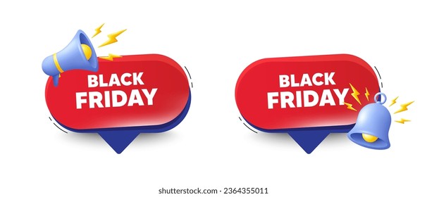 Venta de Viernes Negro. Burlas de voz con timbre 3d, megáfono. Señal de precio de oferta especial. Símbolo de descuentos publicitarios. Mensaje de discurso de chat del viernes negro. Cuadro de diálogo de oferta roja. Vector