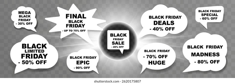 Black friday sale speech bubbles with discount percentages, bold text, and promotional offers on transparent background.