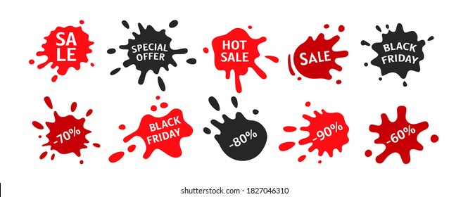 Black Friday Sale Splash Shape Set. Template Decorative Shapes Liquids, Black And Red Ink Splatter Collection. Stain Ink Collection, Paint Blob, Spatters Cartoon Style. Vector Illustration