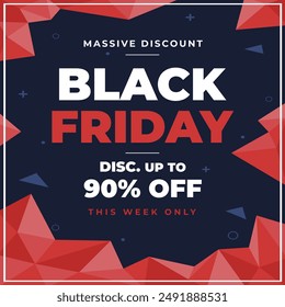 Black Friday Sale square banner with 90% off for social media posts, mobile apps, banners design, web or internet ads. Massive Discount.