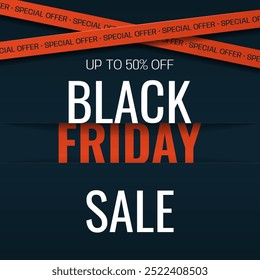 Black Friday Sale square banner with red crossed ribbons and text. Abstract simple background for advertising, social media posts, promotion, web banners. Modern discount background. Vector template.