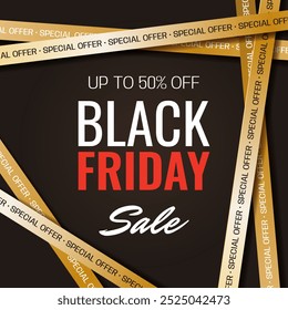 Black Friday Sale square banner with golden crossed ribbons and text. Simple background for advertising, social media posts, promotion, web banners. Modern discount background. Vector template.