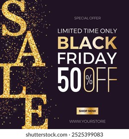 Anuncio cuadrado Black Friday Sale con brillo dorado, texto y resplandor. Fondo lujoso para publicidad, publicaciones en redes sociales, promoción, Anuncios de Web. Fondo de descuento moderno. Plantilla de Vector.