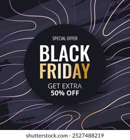 Black Friday Sale square banner with brush strokes, lines and text. Abstract simple background for advertising, social media posts, promotion, web banners. Modern discount background. Vector template.