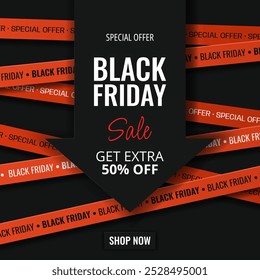 Black Friday Sale square banner with red warning tapes, arrow and text. Abstract simple background for advertising, social media posts, promotion, web banners. Modern discount background. Vector.