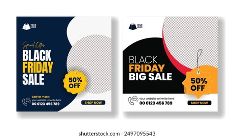 Black Friday Sale square flyer or poster template for social media posts, banners, ads, design, e-commerce web or internet ads. Trendy sale discount offer square template