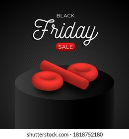 Black Friday sale square template with red 3d percentage symbol on isometric podium or pedestal on black background. Vector illustration with place for text 