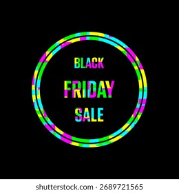 Black Friday Sale. Square vector graphic in black with neon-colored background.