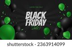 Black Friday sale starburst background with green balloons and serpentine