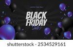 Black Friday sale starburst background with blue purple balloons and serpentine