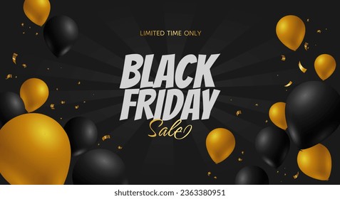 Black Friday sale starburst background with gold balloons and serpentine	