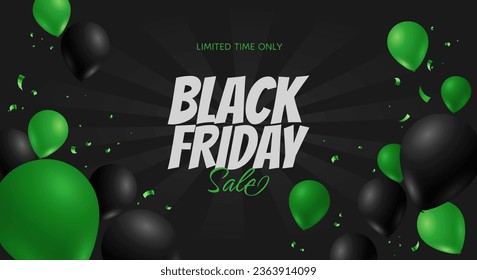 Black Friday sale starburst background with green balloons and serpentine