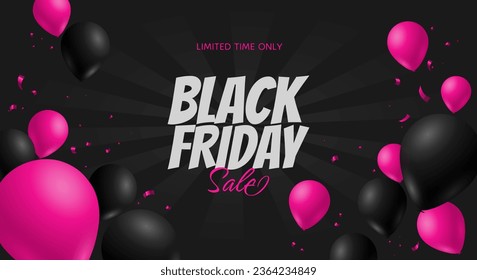 Black Friday sale starburst background with pink balloons and serpentine	