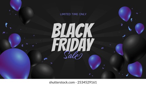 Black Friday venda fundo starburst com balões roxos azuis e serpentina