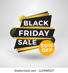 Black Friday sale sticker. Discount banner. Special offer sale tag. Golden and black color theme with light effects. Vector illustration.