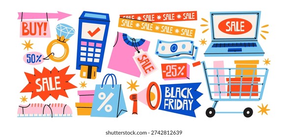 Black Friday sale stickers set with shopping elements, discount symbols and retail promotion icons for seasonal marketing campaigns. Cartoon sale shapes for ecommerce advertising, shopping promotion and retail branding