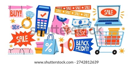 Black Friday sale stickers set with shopping elements, discount symbols and retail promotion icons for seasonal marketing campaigns. Cartoon sale shapes for ecommerce advertising, shopping promotion and retail branding