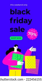 Black Friday Sale stories template with woman holding shopping bags. Promotional banner design. Vector illustration