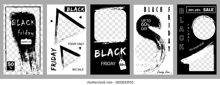 Black Friday Sale Stories With Transparent Background. Story Set. Put Your Content Under Background. Hand Drawn Vector Illustration