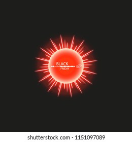 Black Friday sale and sun poster or banner. Glowing colorful circle with red light effect on black abstract background. Design template for shopping