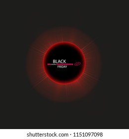 Black Friday sale and sun poster or banner. Glowing colorful circle with red light effect on black abstract background. Design template for shopping