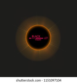 Black Friday sale and sun poster or banner. Glowing colorful circle with red light effect on black abstract background. Design template for shopping